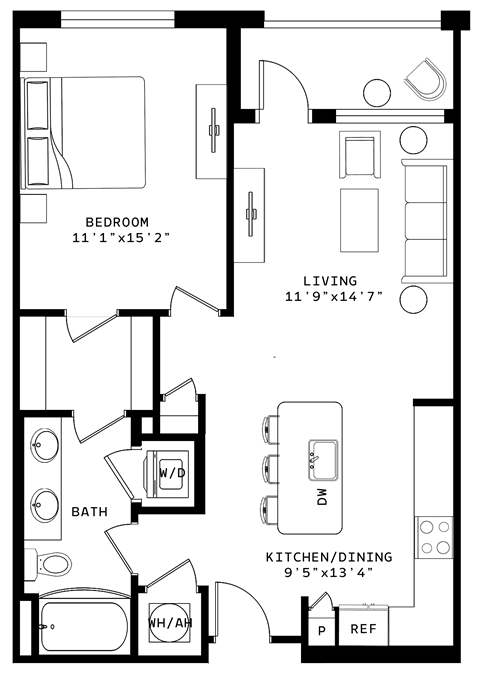 Floor plan for 1 bed, 1 bath, 763 sqft